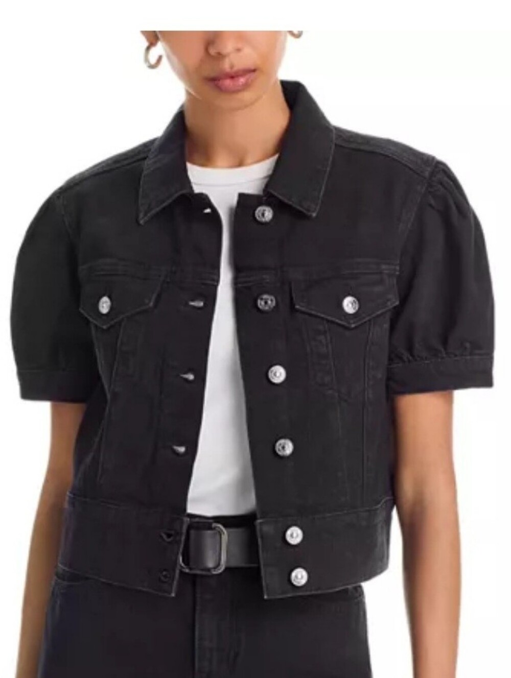 PAIGE Black Cropped Short-Sleeve Denim Jacket